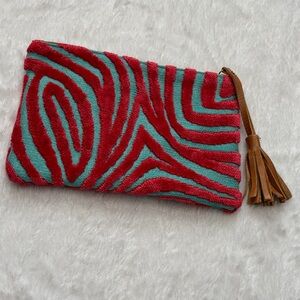 Glenda Gies Stylish Coral Velvet and Teal Clutch with Tassel